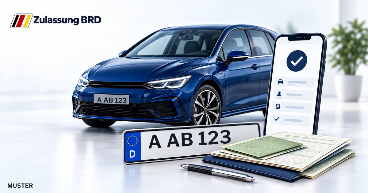 Online Fahrzeugzulassung in Landkreis Augsburg: Musterkennzeichen A AB 123, Auto und Fahrzeugpapiere und Smartphone. Illustration mit Logo von Zulassung BRD.